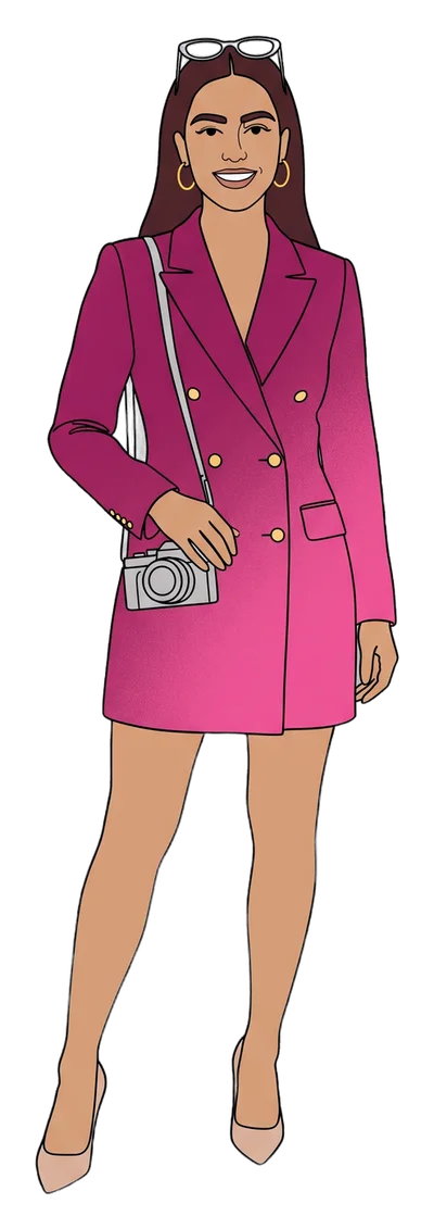 Valeria Ruiz, the site's drawn guide, in a fuchsia blazer dress with a camera on a strap.